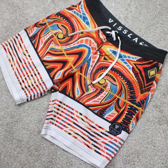 Vissla Dredges Boardshorts Mens 28 Orange & Blue Swim Trunks Drawstring Stretch - Picture 3 of 14